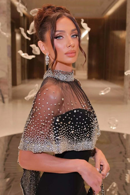 Elegant Cape Mermaid Shiny Rhinestone Black Satin Long Prom Dress Evening Dress DP7118