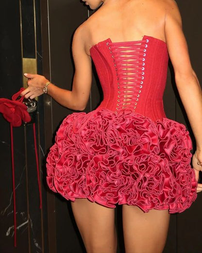 Sexy Burgundy A Line Strapless Satin Short Homecoming Dress DP4039