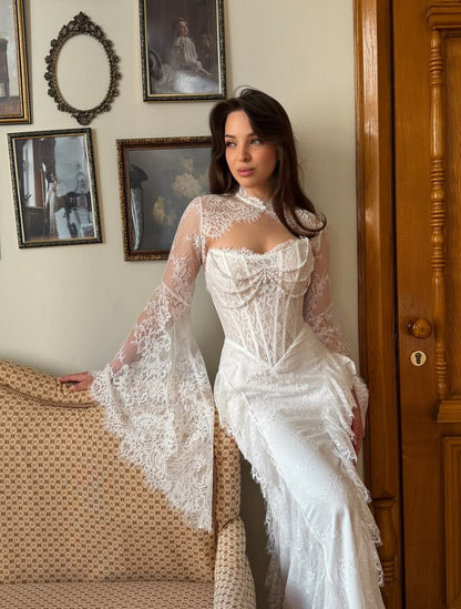 Stunning Two Piece White Sheath Long Sleeve Corset Lace Long Wedding Dress DP6729