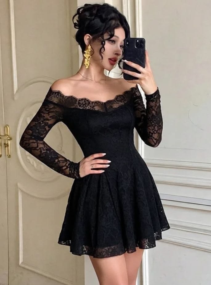 Sexy Black A Line Long Sleeve Lace Short Prom Dress Homecoming Dress DP6752