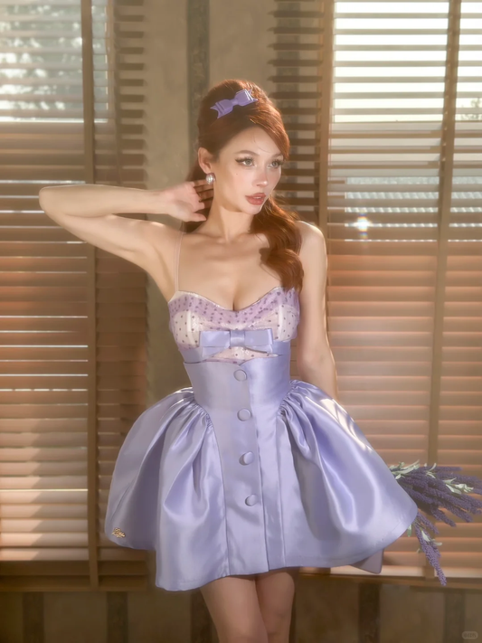 Vintage Purple A Line Spaghetti Strap Satin Short Party Dress Homecoming Dress DP3736