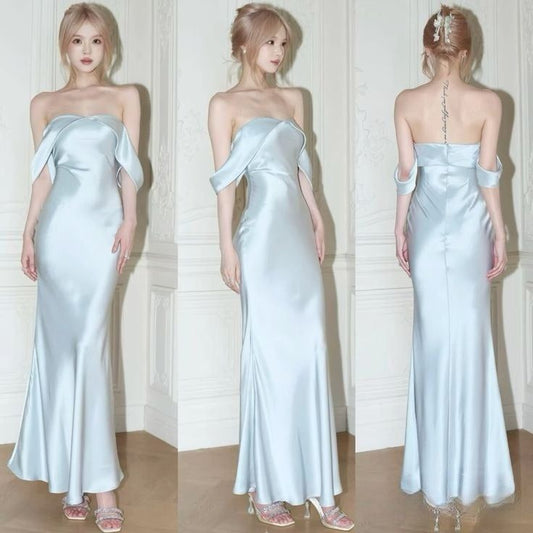 Baby Blue Sheath Off the Shoulder Satin Long Party Dress Prom Graduation Prom Dress DP1983