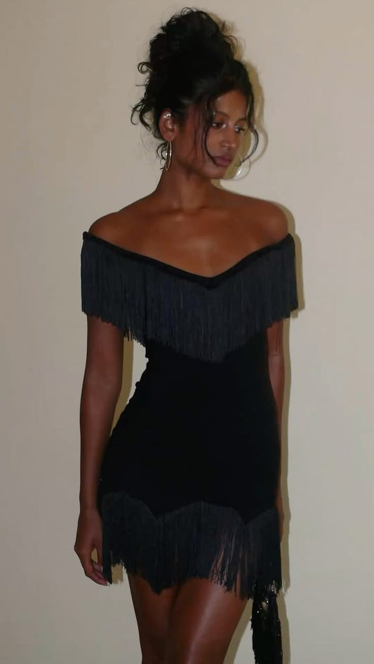 Unique Black Sheath V Neck Tassel Satin Short Prom Dress Homecoming Dress DP71545