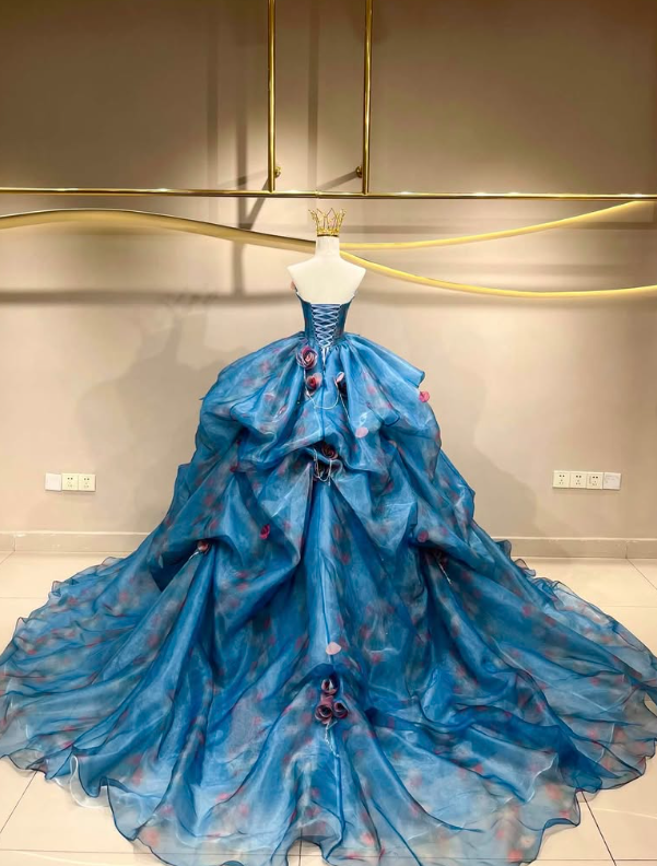 Stunning Ball Gown Sweetheart Neck 3D Floral Blue Organza Prom Dress Quinceanera Dress DP6601