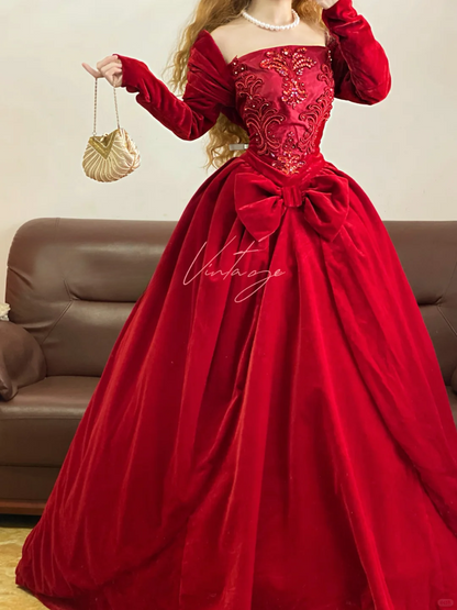 Vintage Red Ball Gown Long Sleeve Beaded Velvet Prom Dress Graduation Ball Gown DP4571