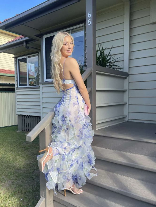 Inspiration Mermaid Spaghetti Strap Print Floral Ruffle Tulle Prom Dress Evening Dress DP1763