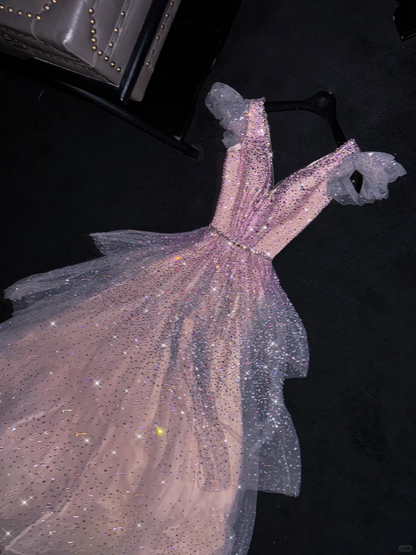 Pink A Line V Neck Tiered Sequin Tulle Prom Dress Graduation Prom Dress DP1977
