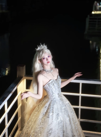 Silver Ball Gown Spaghetti Straps Beaded Sequin Tulle Lolita Goth Boning Dress Prom Dress DP4507