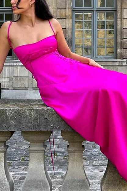Hot Pink A Line Spaghetti Strap Satin Long Prom Dress Evening Dress DP7119