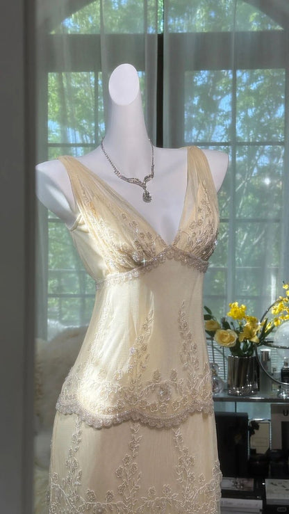 Gentle Sheath V Neck Appliques Tiered Chiffon Long Party Dress Evening Dress DP2339