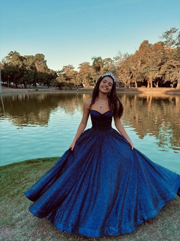 Navy Blue Ball Gown Sweetheart Neck Sequin Prom Dress Evening Dress DP8048