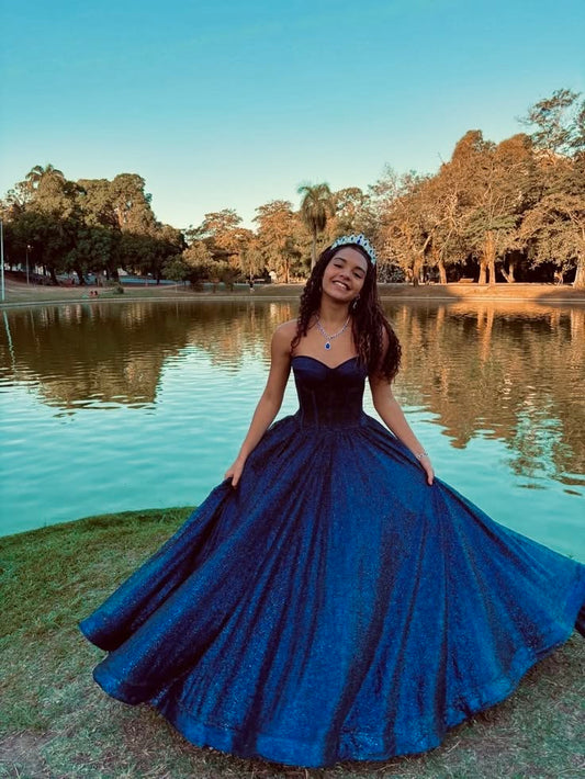 Navy Blue Ball Gown Sweetheart Neck Sequin Prom Dress Evening Dress DP8048