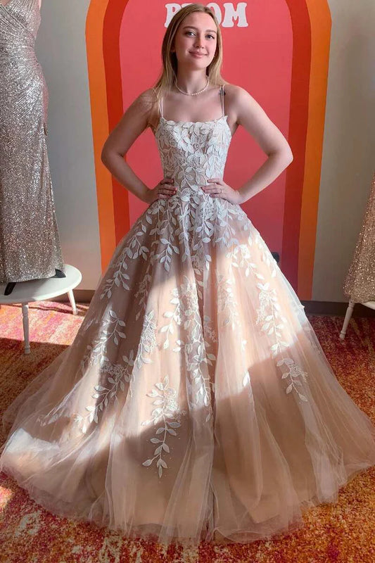 A Line Straps Appliques Nude Pink Tulle Long Prom Gown Evening Dress DP1132