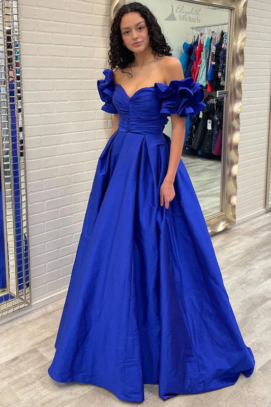 A Line Off-the-Shoulder Blue Satin Prom Gown Evening Dress DP1121