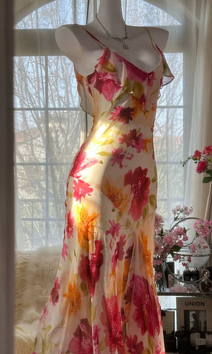 Romantic Mermaid Spaghetti Strap Beaded Print Flower Chiffon Party Dress Evening Dress DP2329