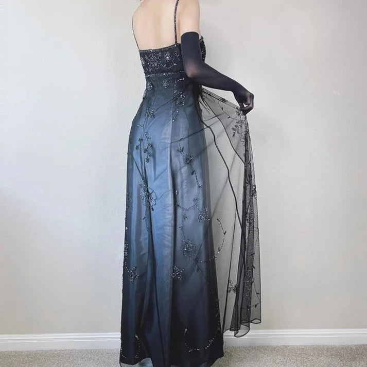Vintage A Line Spaghetti Strap Beaded Chiffon Blue Satin Prom Dress Graduation Prom Dress DP2196