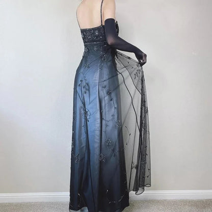 Vintage A Line Spaghetti Strap Beaded Chiffon Blue Satin Prom Dress Graduation Prom Dress DP2196