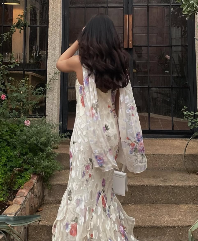 Vintage Mermaid Spaghetti Strap Ruffle Print Floral Chiffon Prom Dress Evening Dress DP1565