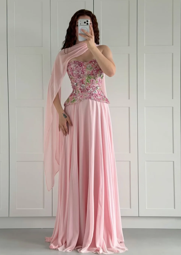 Pink A Line Strapless Exquisite Embroidery Chiffon Long Prom Dress Evening Dress DP6925
