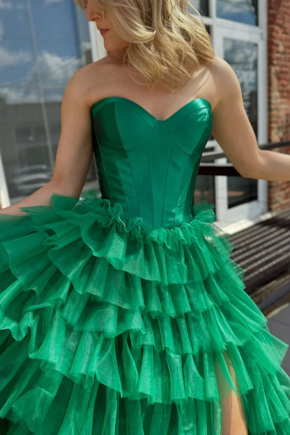 Princess A Line Sweetheart Green Long Prom Dress with Ruffles DP7739