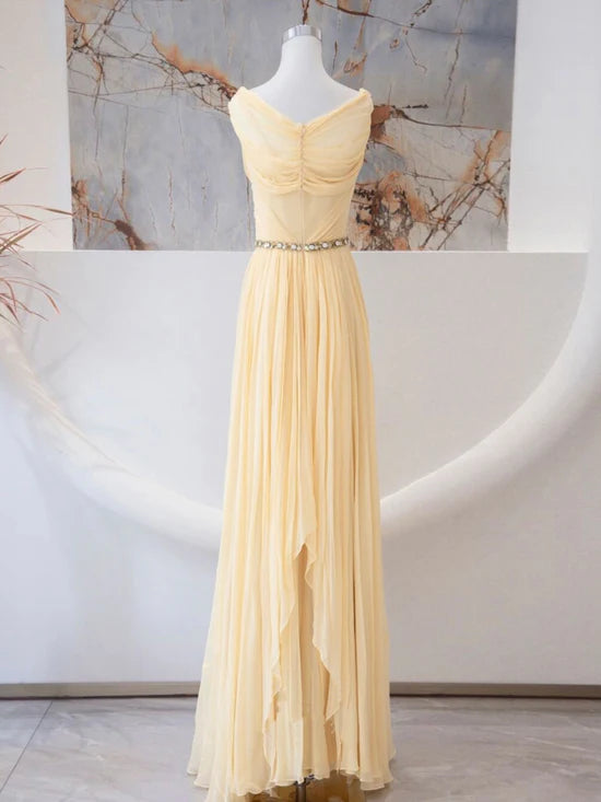 Light Yellow A Line Sweetheart Neck Chiffon Long Prom Dress Formal Dress DP1297