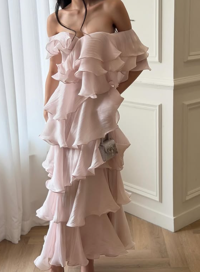 Gentle Light Pink A Line V Neck Layered Satin Prom Dress Evening Dress DP5779