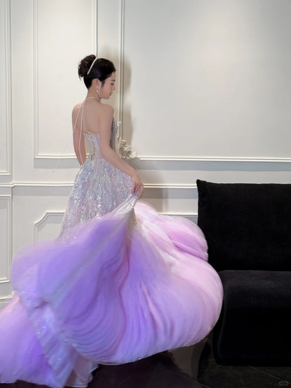 Stunning Ball Strapless Sequin Purple Tulle Long Prom Dress Party Dress DP4291