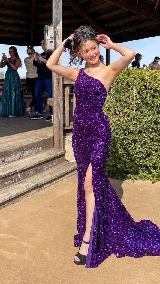 Purple Mermaid One Shoulder Sequin Long Prom Dress with Slit DP8146