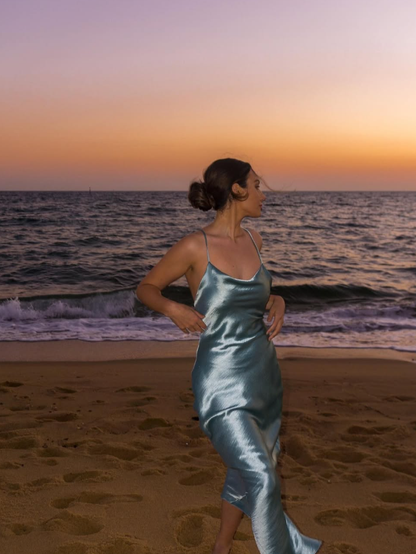 Blue Sheath Spaghetti Straps Satin Prom Dress Formal Dress Party Dress Open Back DP3506