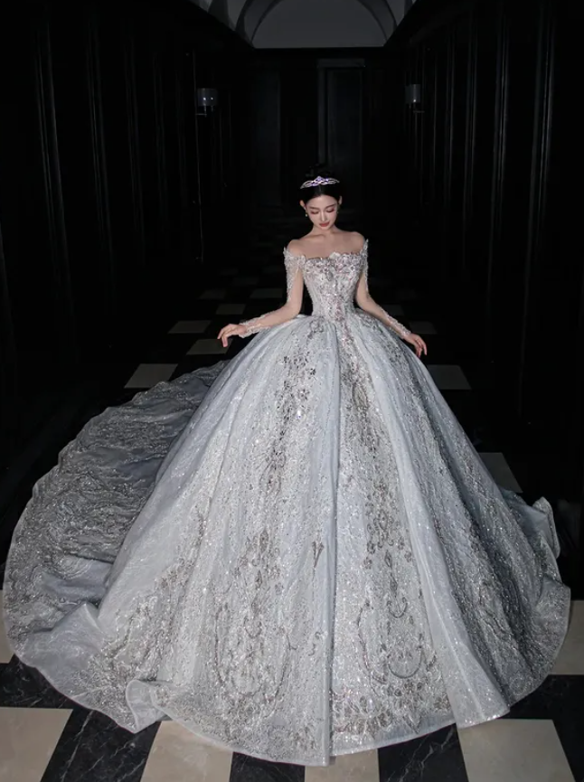 Dreamy Gray Ball Gown Lace Sequin Beaded Unique Long Sweep Wedding Dress DP5051