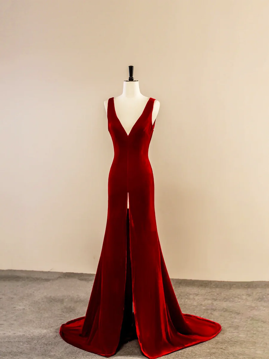 Burgundy V-Neck Velvet Long Prom Dress Mermaid Backless Evening Dress DP257