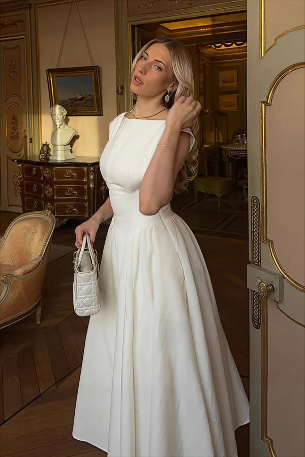 Simple Backless A Line White Satin Prom Dress Party Evening Dress DP5374