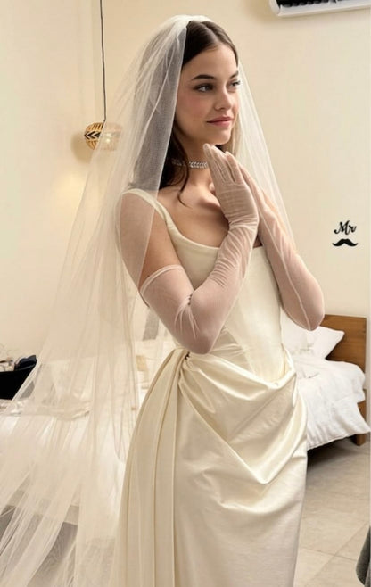 Classic A Line Straps Pleated White Satin Long Wedding Dress DP6849