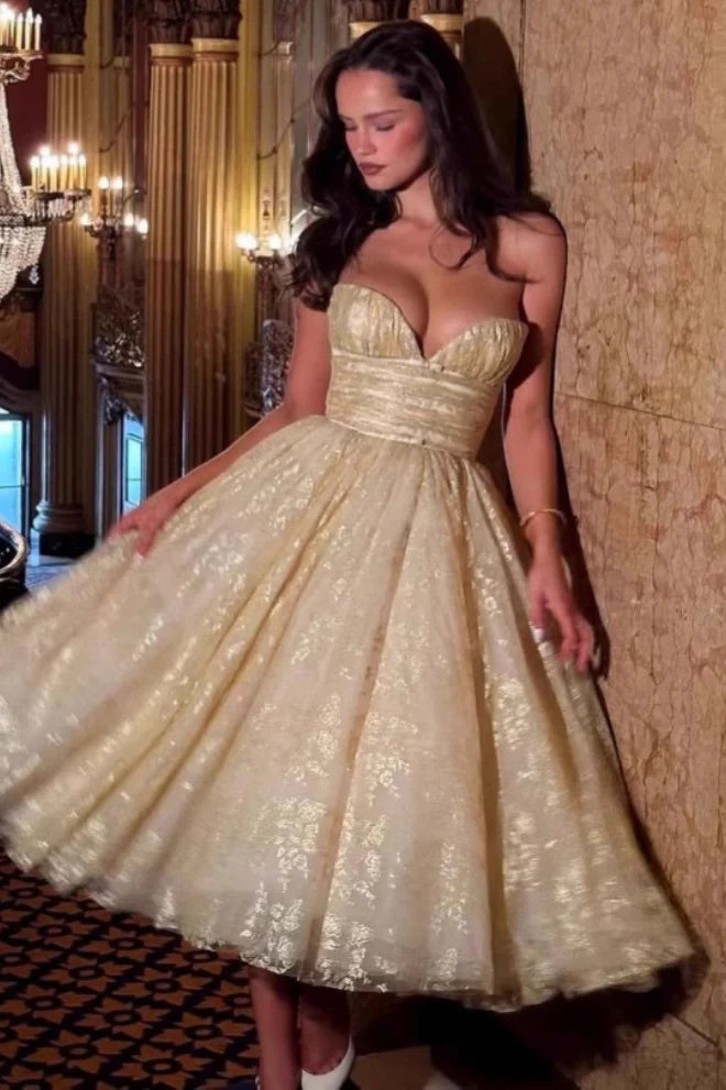Shiny Gold Ball Gown Sweetheart Neck Print Floral Tulle Prom Dress Evening Dress DP6091