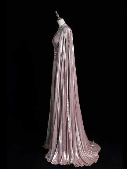 Elegant A Line V Neck Beaded Pink Satin Long Prom Dress Graduation Prom Dress DP2143