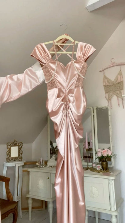 Stunning Sheath Off the Shoulder Pearl Pink Lace Satin Prom Dress Wedding Guest Dress DP2626