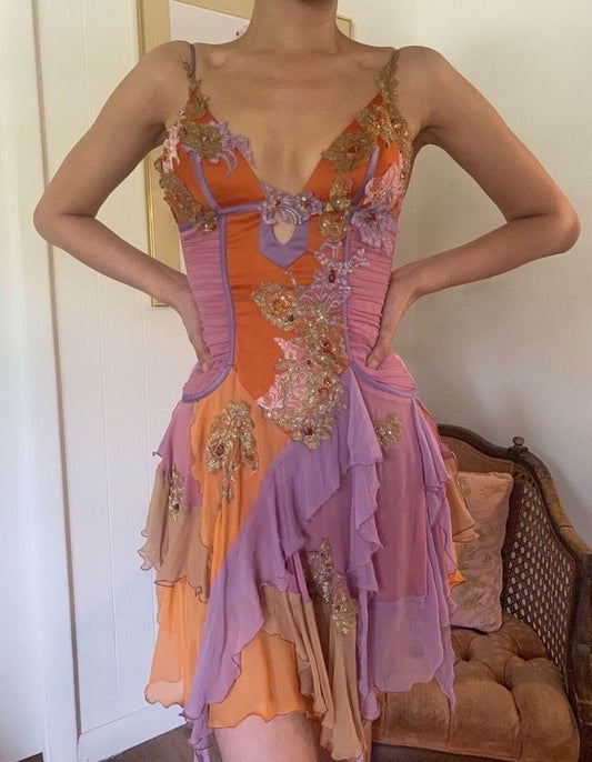 Dreamy Appliques Retro Ruffle Orange Purple Chiffon Short Outfit Homecoming Dress Birthday Dress DP2983