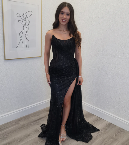 Sexy Black Sheath Strapless Sequin Tulle Long Prom Dress Evening Dress DP6332