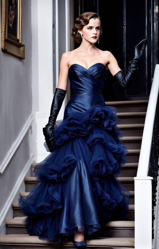 Navy Blue Mermaid Sweetheart Neck Layered Tulle Satin Prom Dress Party Dress DP3612