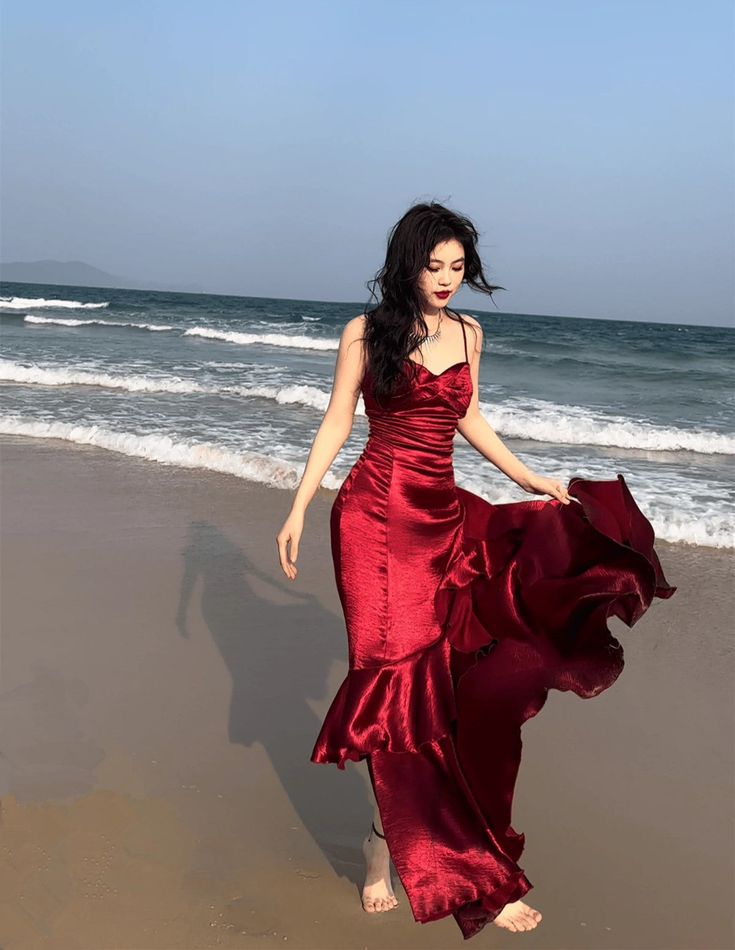 Burgundy Mermaid Spaghetti Straps Layered Satin Long Prom Dress Evening Dress DP2789