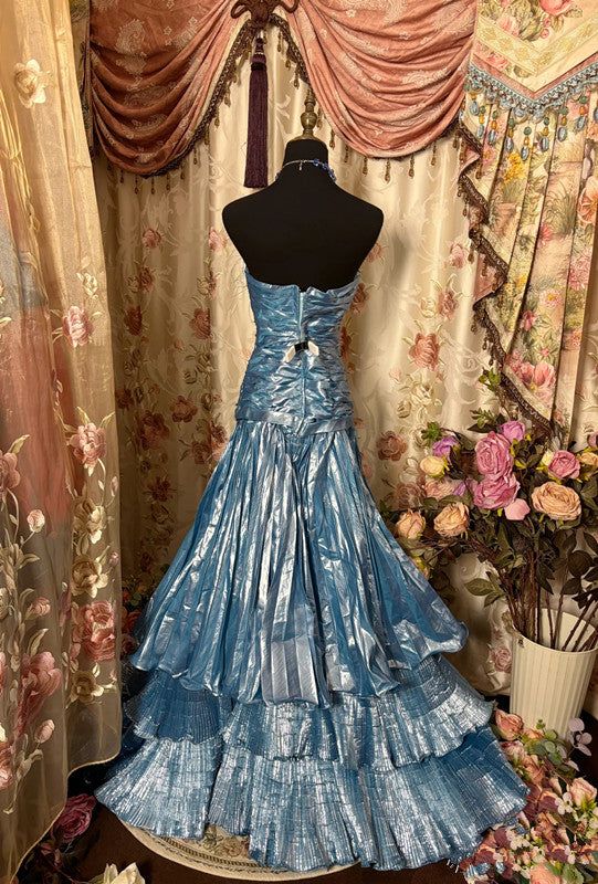 Stunning Mermaid Strapless Tiered Blue Satin Prom Dress Graduation Prom Dress DP2079