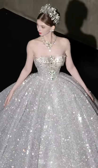 Shiny Ball Gown Strapless Exquisite Beaded Pink Ombre Sequin Prom Dress DP4386