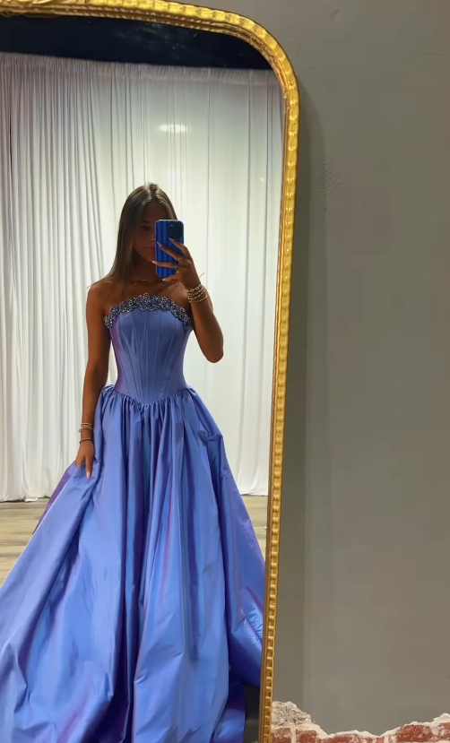 Dreamy Purple A Line Strapless Exquisite Beaded Satin Long Prom Dress Evening Dress DP7120
