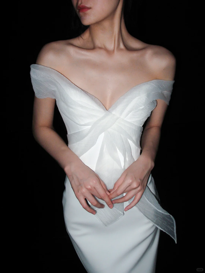 Elegant Stunning Sheath One Shoulder Flowy Tulle Satin Long Wedding Dress DP6381