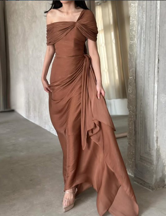 Flowy Brown A Line Satin Long Prom Dress Evening Dress DP6131