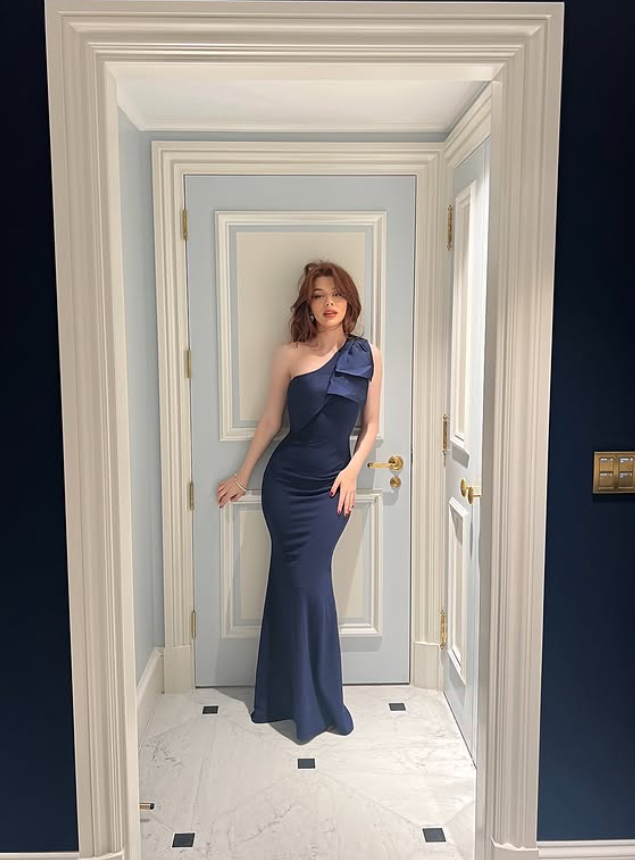 Dark Blue Mermaid One Shoulder Satin Long Prom Dress Evening Dress DP4314