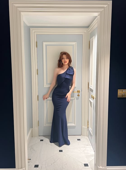 Dark Blue Mermaid One Shoulder Satin Long Prom Dress Evening Dress DP4314