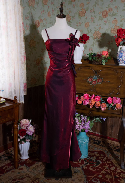 Vintage Mermaid Spaghetti Straps Burgundy Satin Prom Dress DP4820