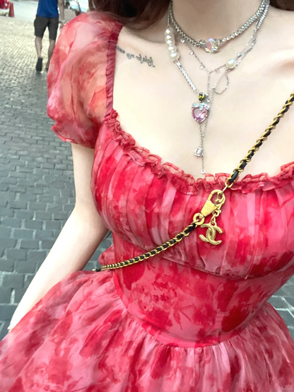 Cute A Line Puff Red Print Floral Chiffon Short Homecoming Dress Cocktail Dress DP2671