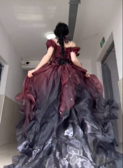 Stunning Black Red Ombre A Line Off the Shoulder Satin Prom Dress Graduation Ball Gown DP4565